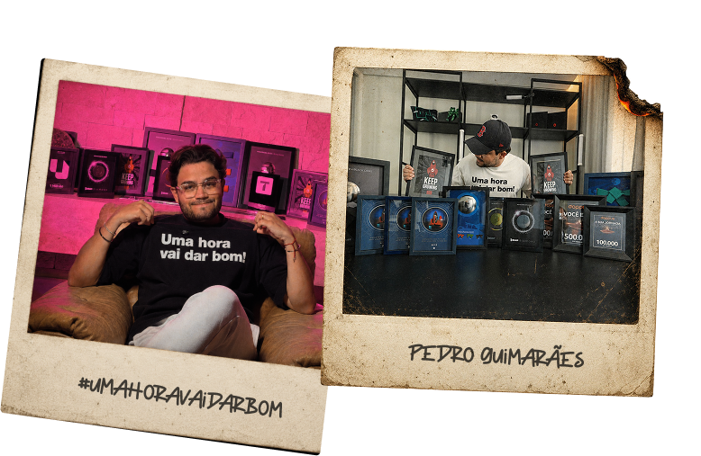 Pedro Guimarães com seus prêmios e a camiseta Uma hora vai dar bom